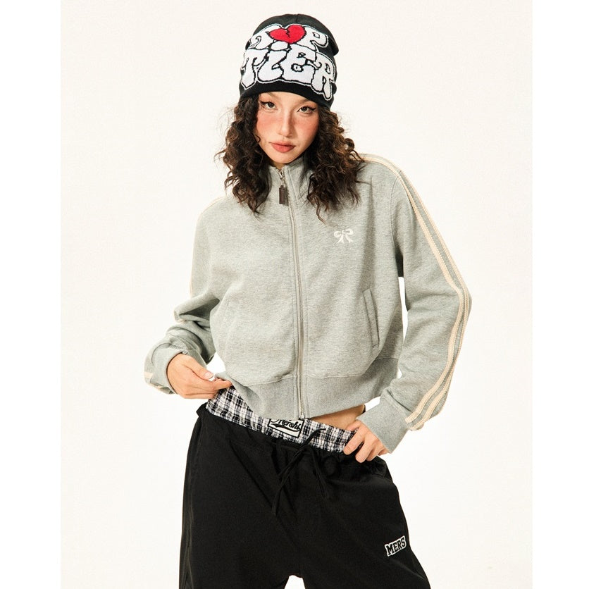 Retro College Bow Embroidery Cropped Track Jacket MW9430