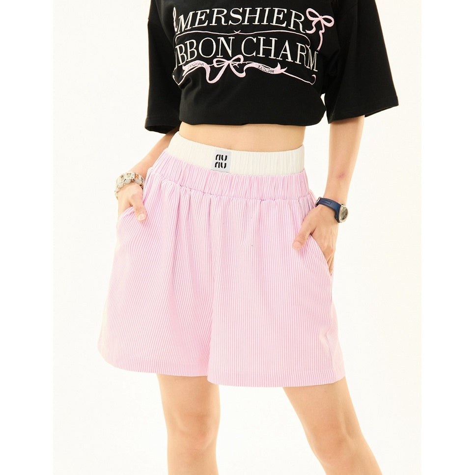 Double Waist Striped Wide-legged Long ＆ Short Pants MW9269