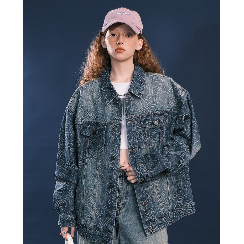 Geometry Pattern Embroidered Denim Jacket BT7024