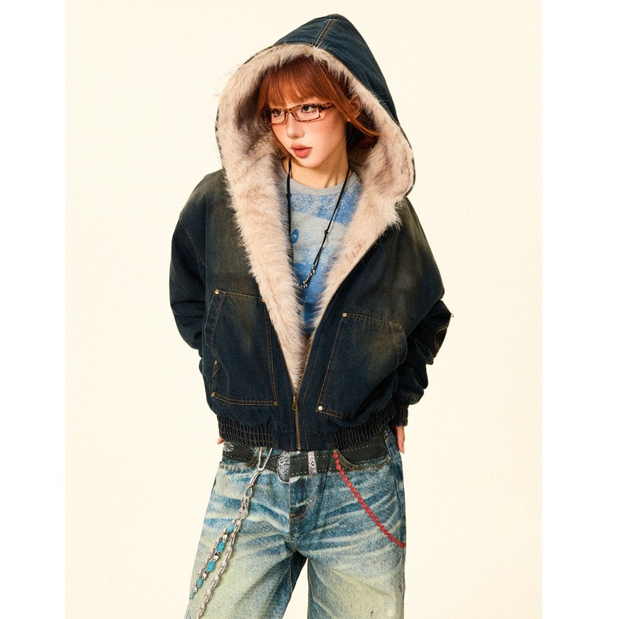 Fluffy Fur Denim Hooded Jacket MW9703