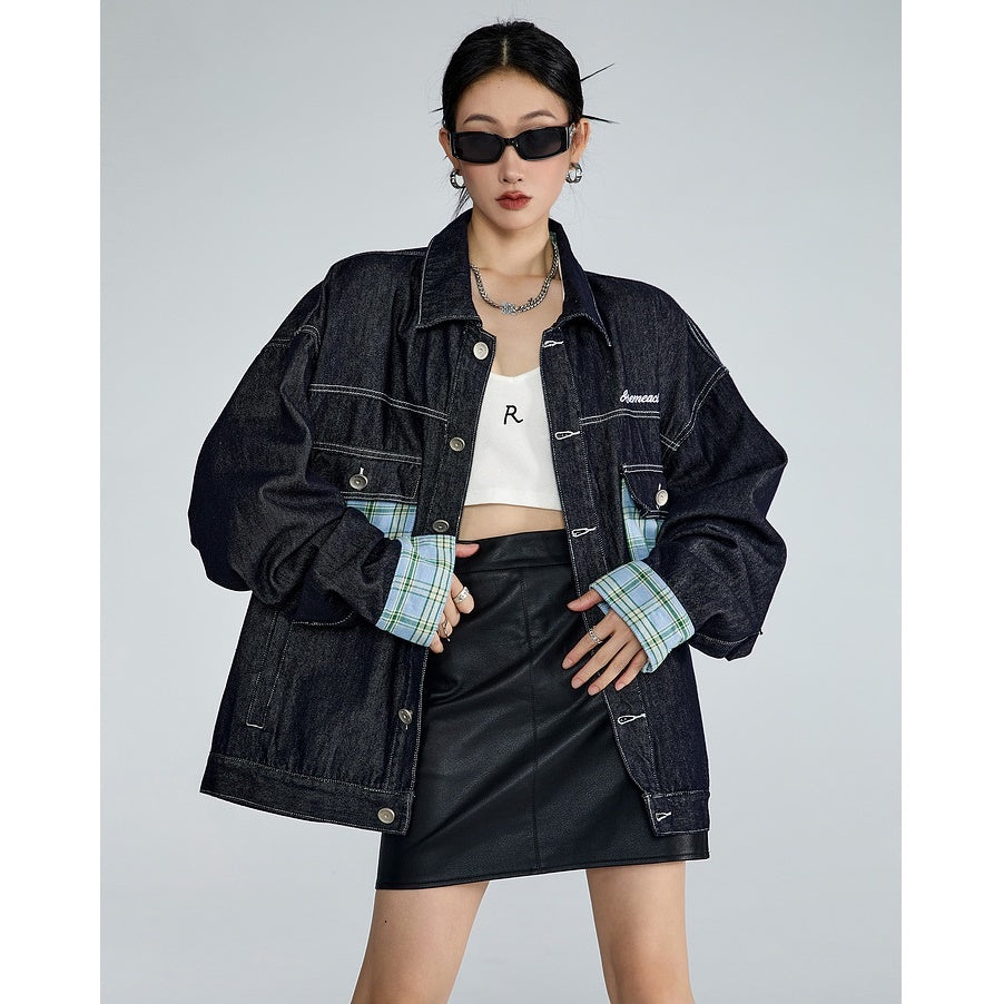 Plaid Patchwork Loose Denim Jacket MW9317