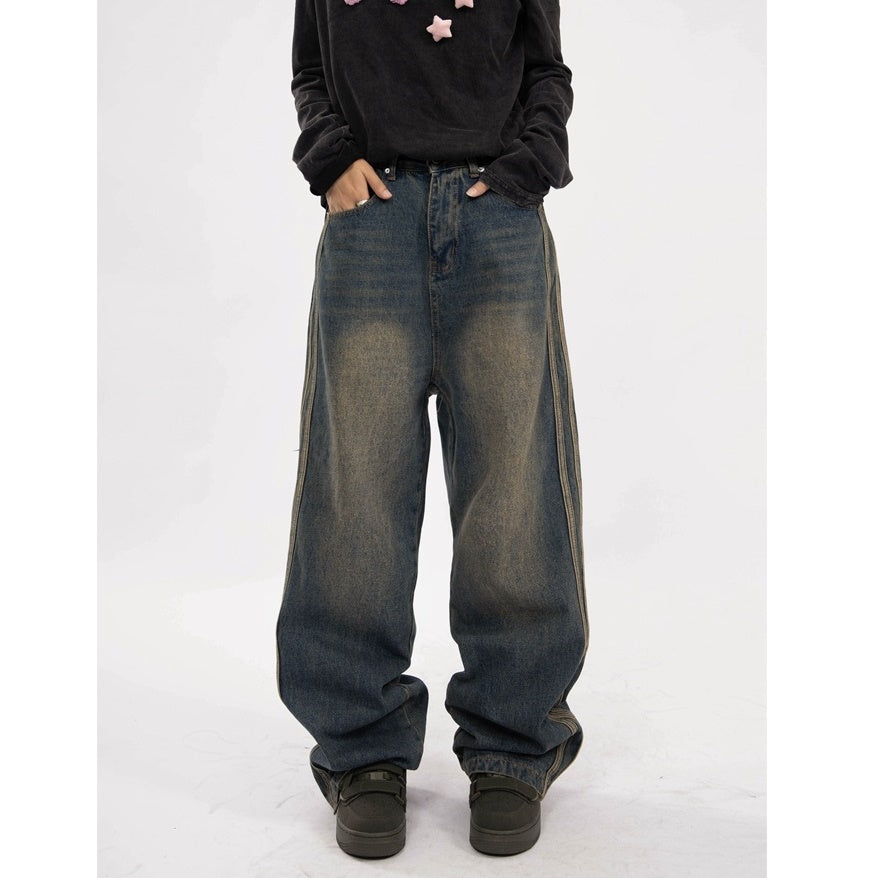 Retro Old Washed Side Line Loose Straight Jeans YS7006