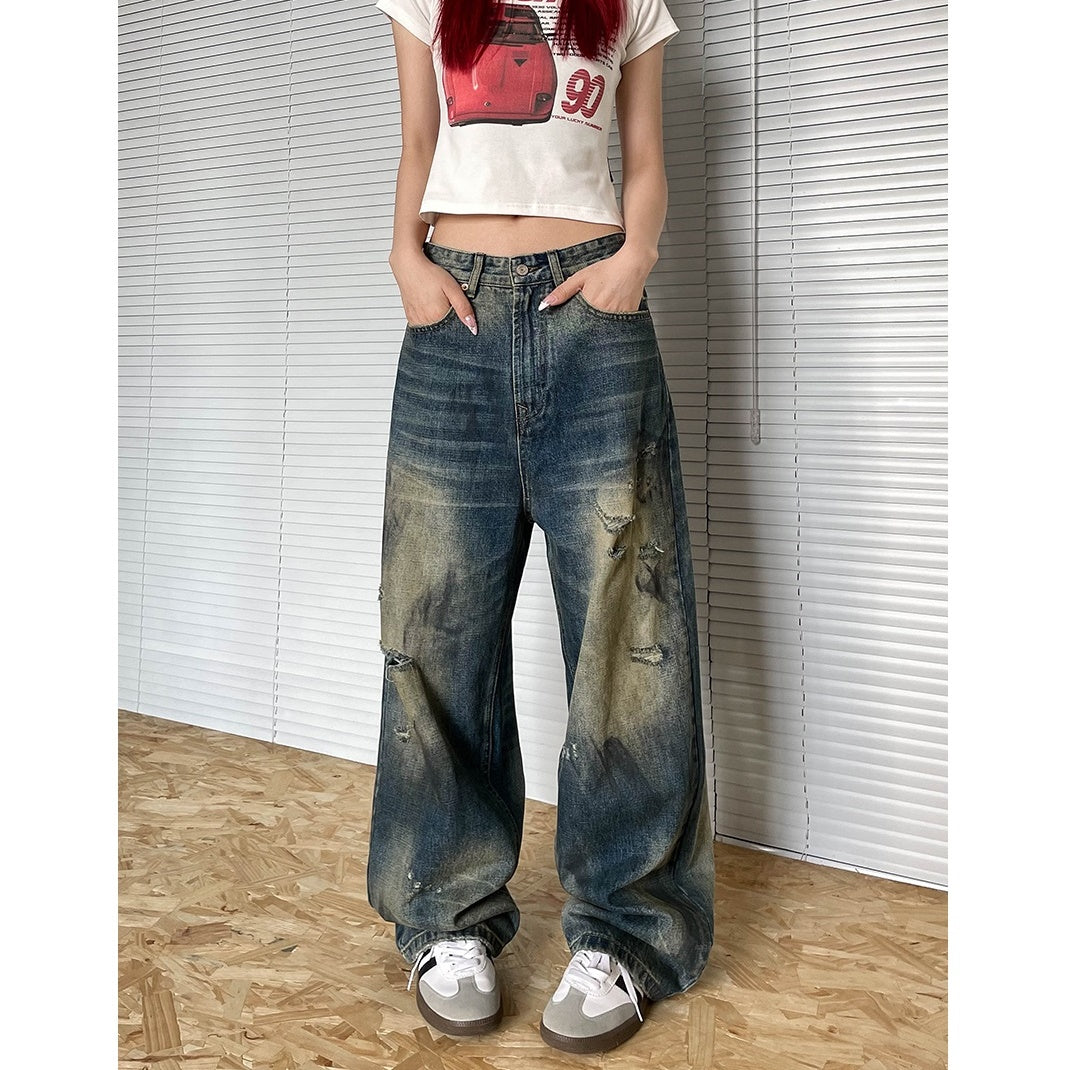 Loose Straight Wash Dirty Old Ripped Jeans AP7009