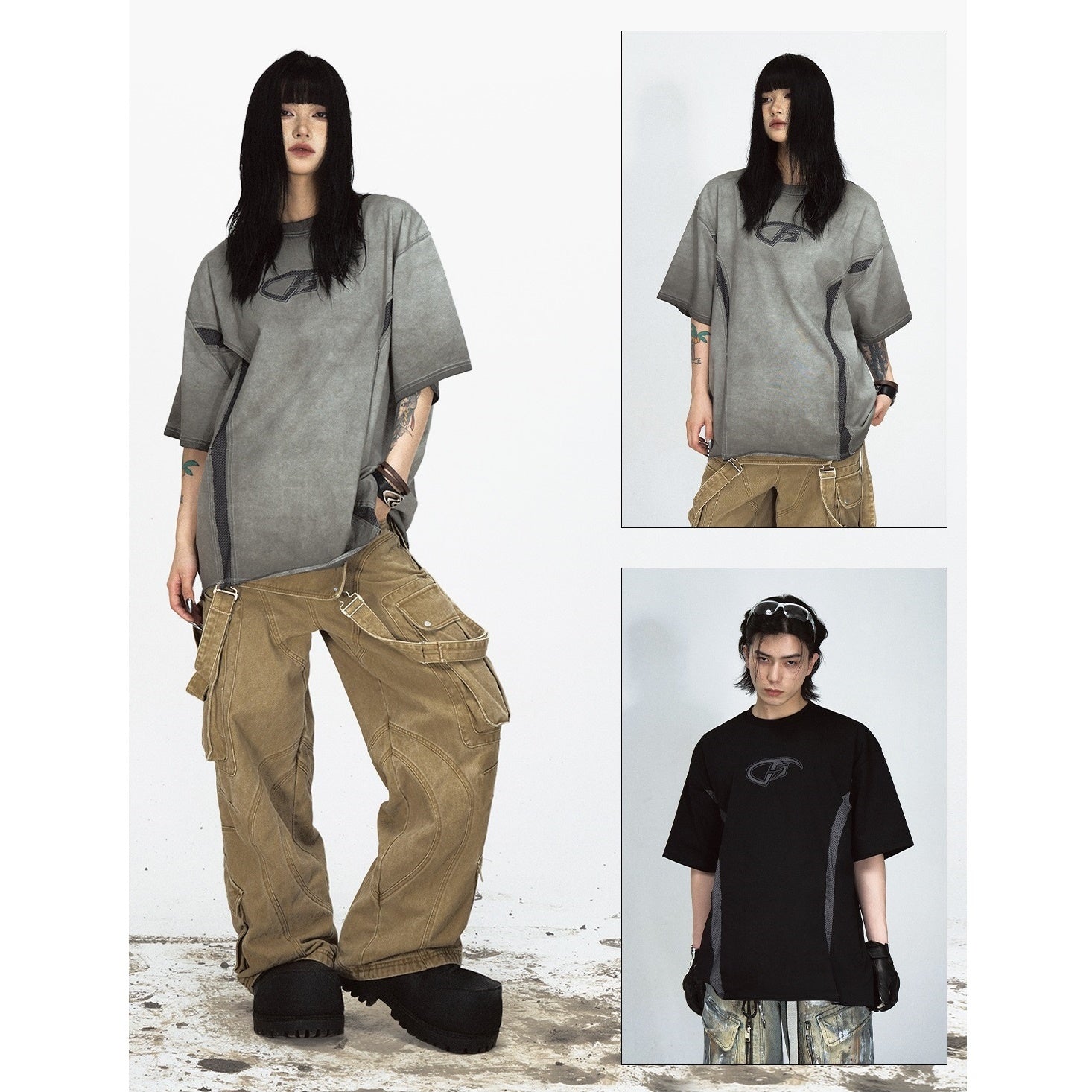 Split Mesh Panel Design Washed T-shirt PS7008