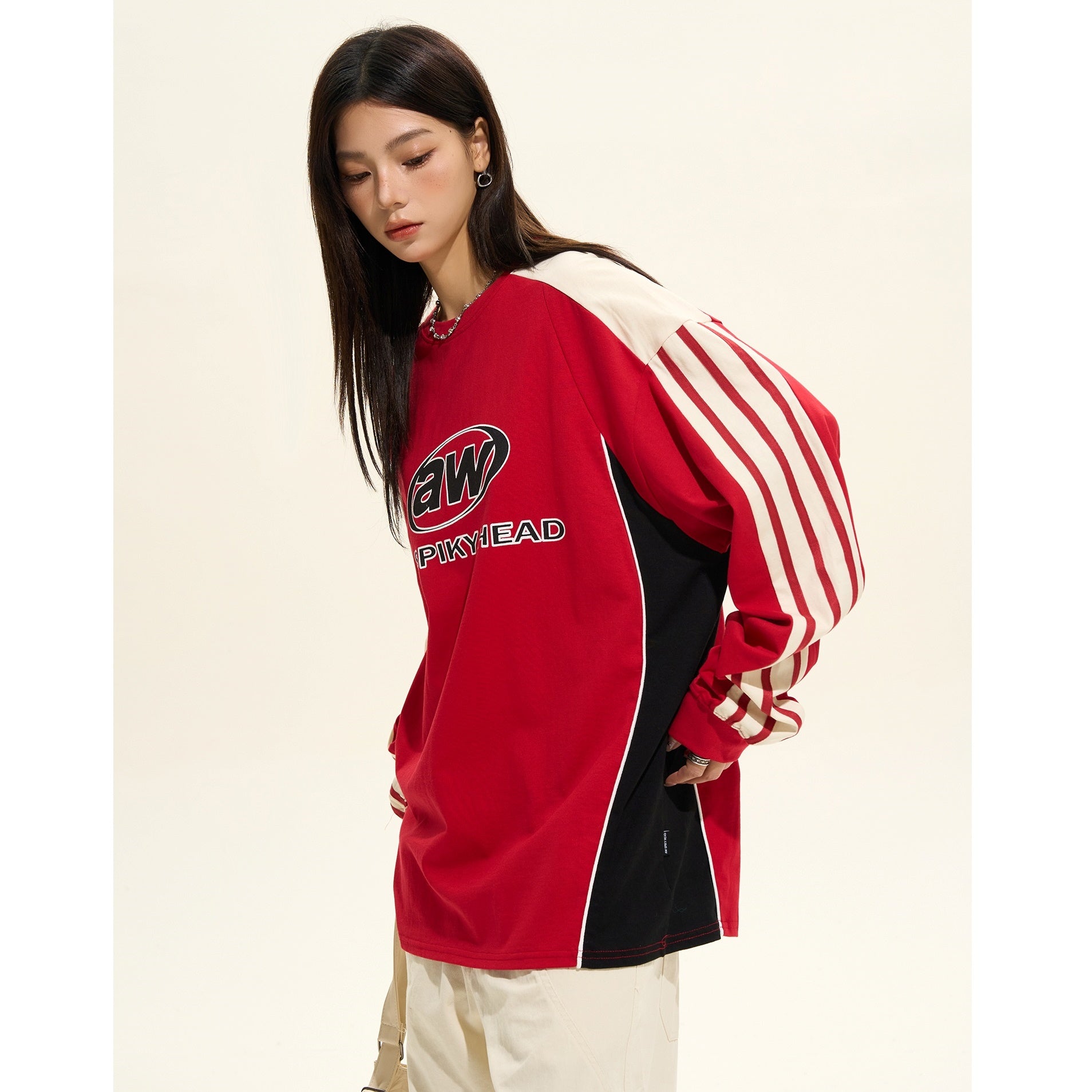 Sporty Contrasting Three-bar Long Sleeve Pullover MW9402