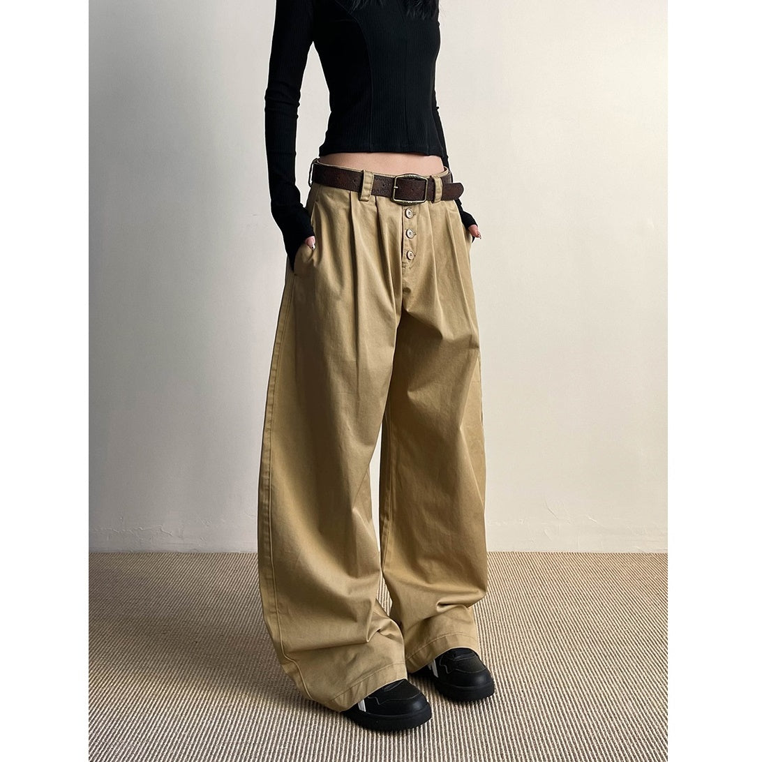 Button Front Pleated Wide-leg Pants MW9733