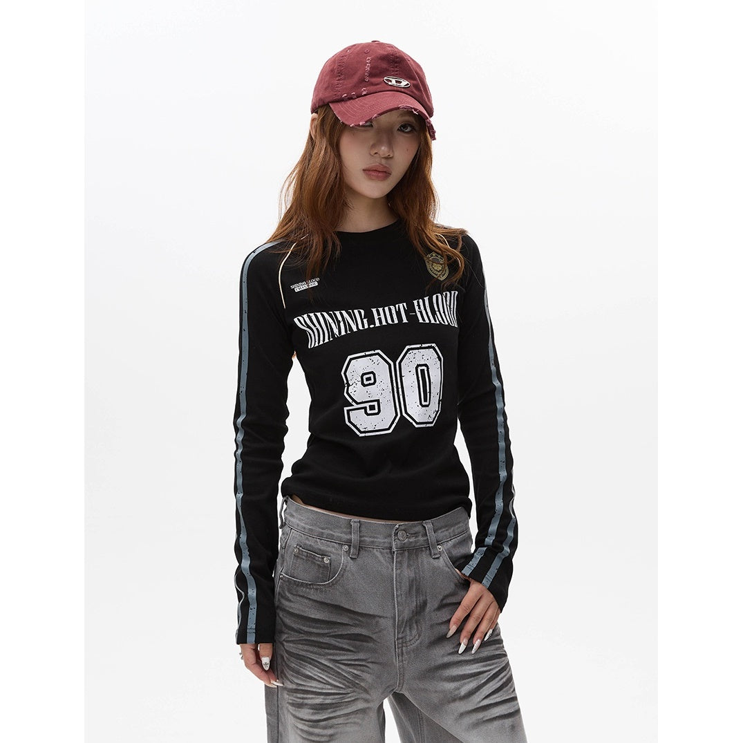 Letter Print Long Sleeve Line Slim T-shirt MW9279