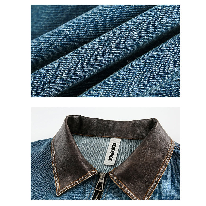 PU Leather Collar Stitched Denim Blouson MW9825