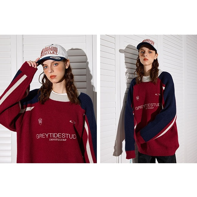 Color Stitching Crew Neck Retro Sweater MW9471