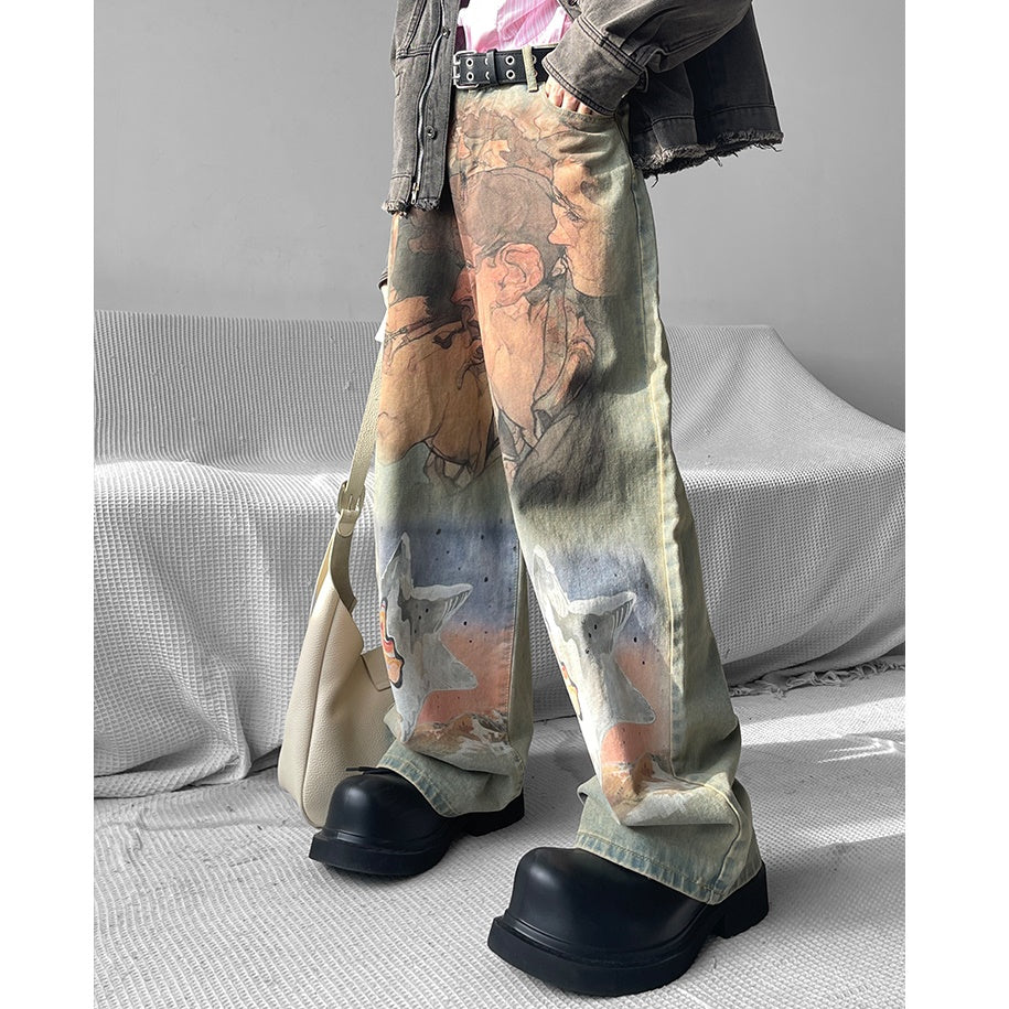 Heavy Industry Face Print Straight Washed Jeans MW9042