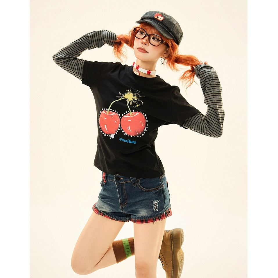 Cherry Print Fake Layered Long Sleeve T-Shirt MW9330