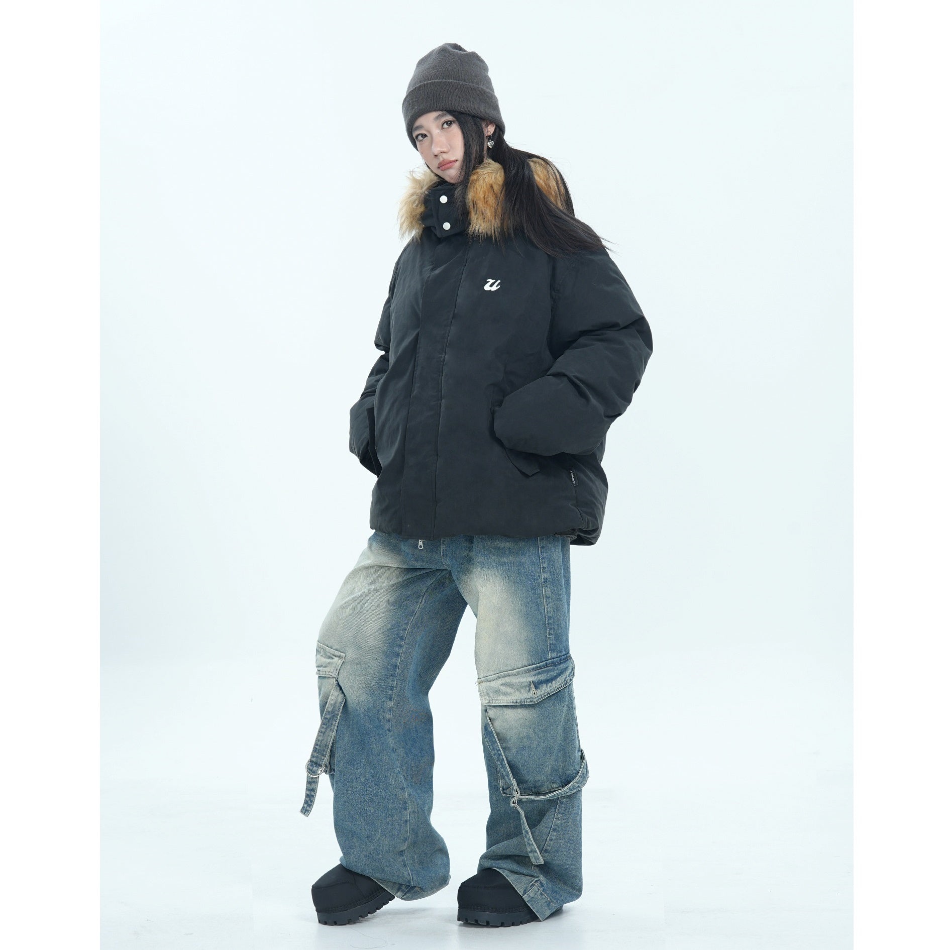 Fur Collar Simple Hooded Padded Jacket MW9670