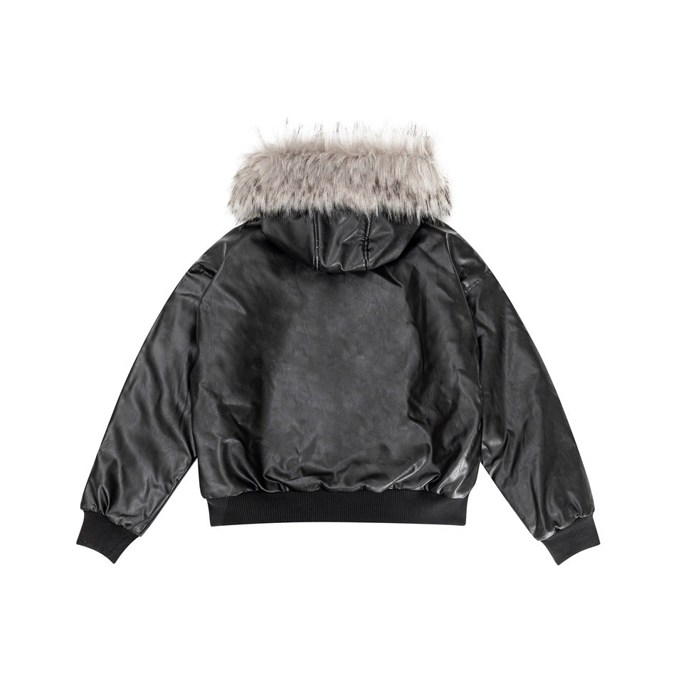 Fur Collar PU Leather Hooded Jacket MW9578