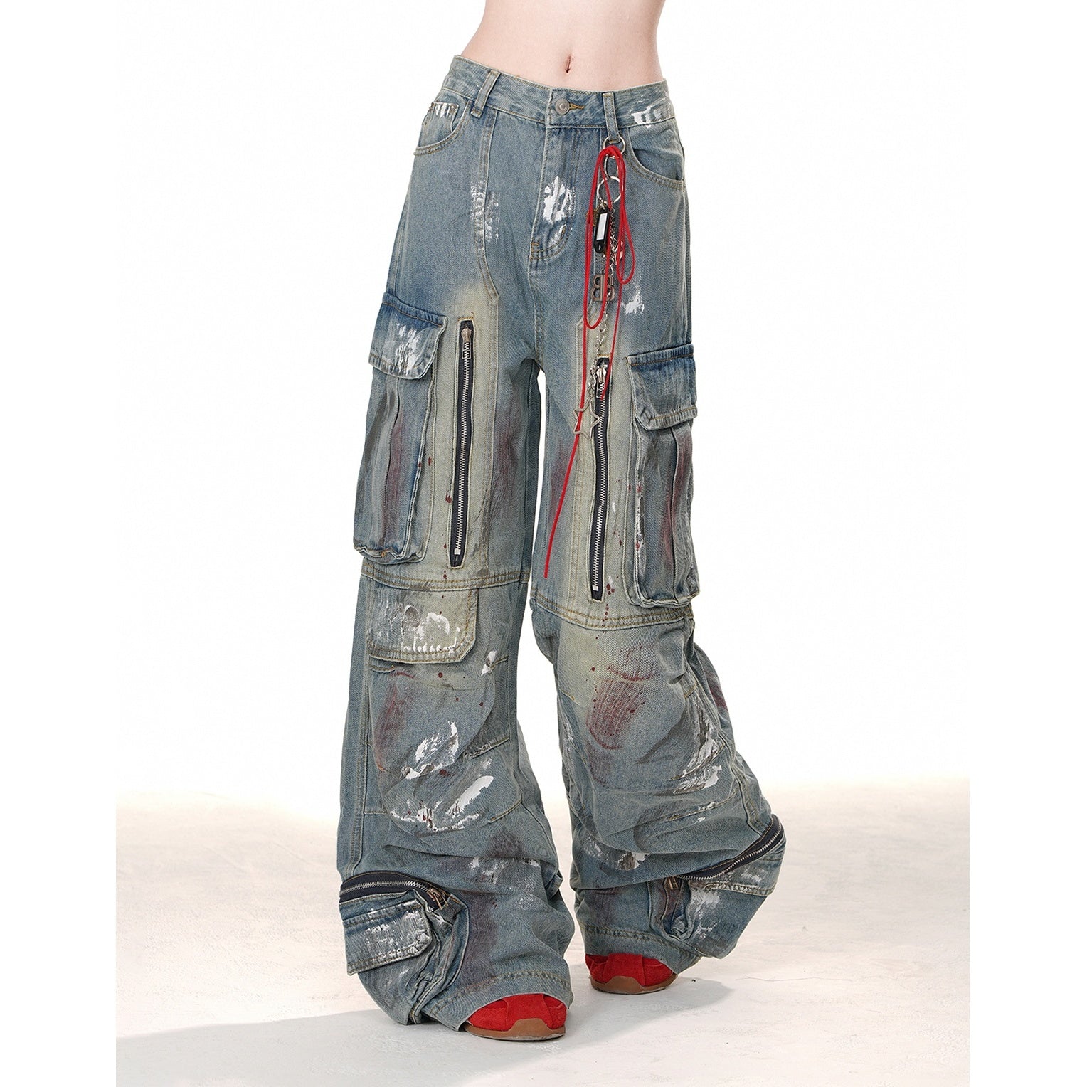 Paint Wide-Leg Zipper Cargo Jeans KK2055