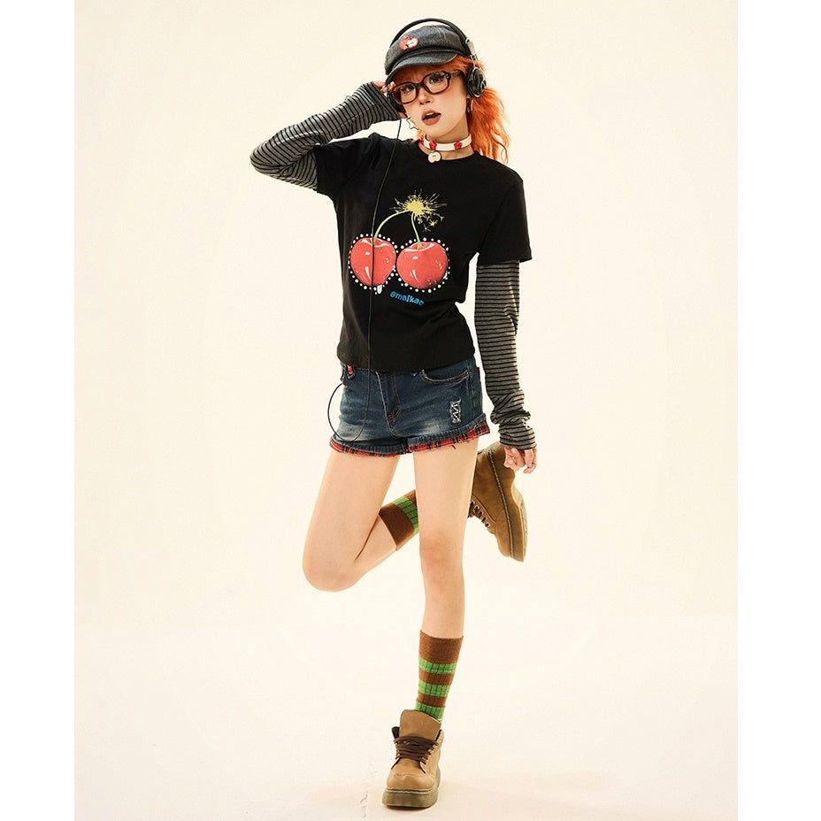 Cherry Print Fake Layered Long Sleeve T-Shirt MW9330