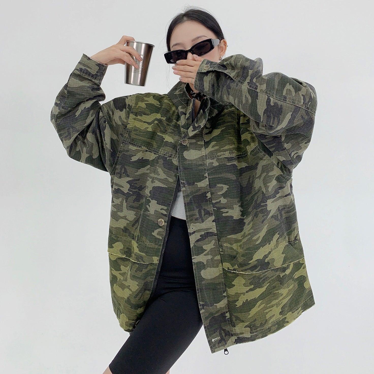 Military Design Distressed Camouflage Hooded Jacket MW9572