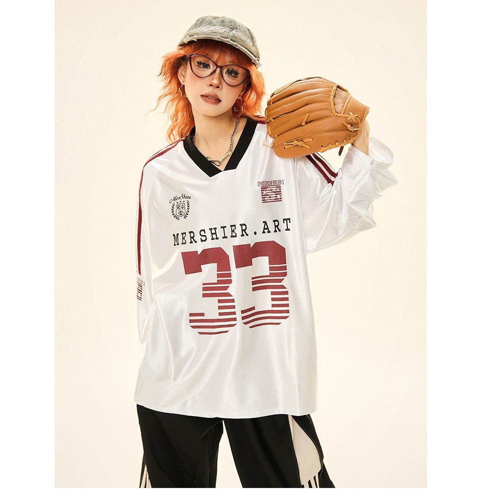 V-neck Sports Style Jersey Long-sleeved T-shirt MW9285