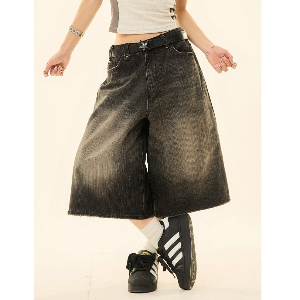 Vintage Wash Distressed Denim Wide-leg Cropped Pants MW9267