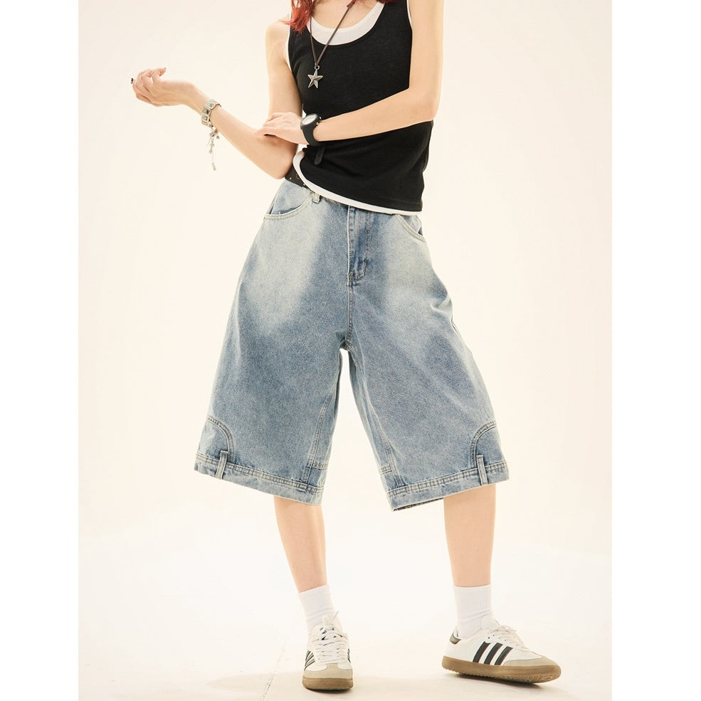 Wash Reverse Design Denim Loose Cropped Pants MW9264