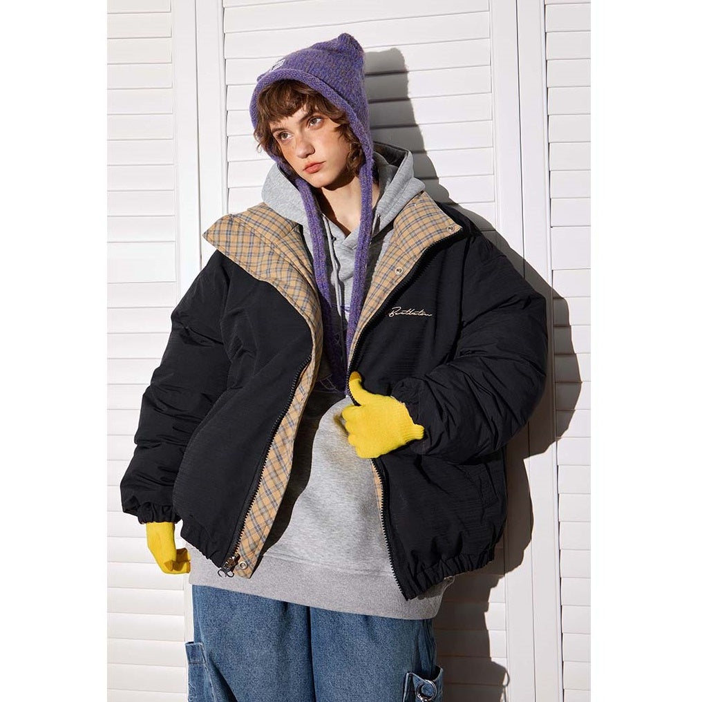 Reversible Plaid Stand Collar Padded Jacket MW9481