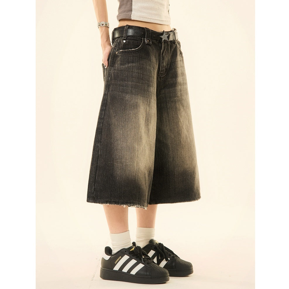 Vintage Wash Distressed Denim Wide-leg Cropped Pants MW9267