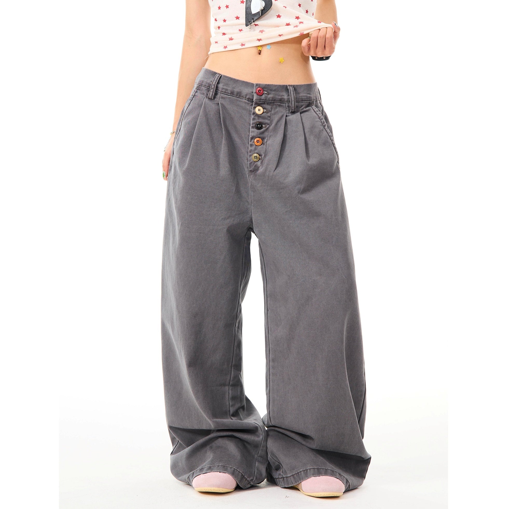 Color Button Wide Straight Pants MW10099