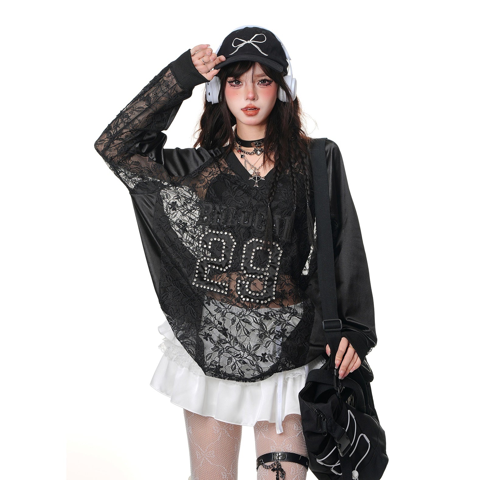 Cut-out Lace Loose V-Neck Pullover KK2009