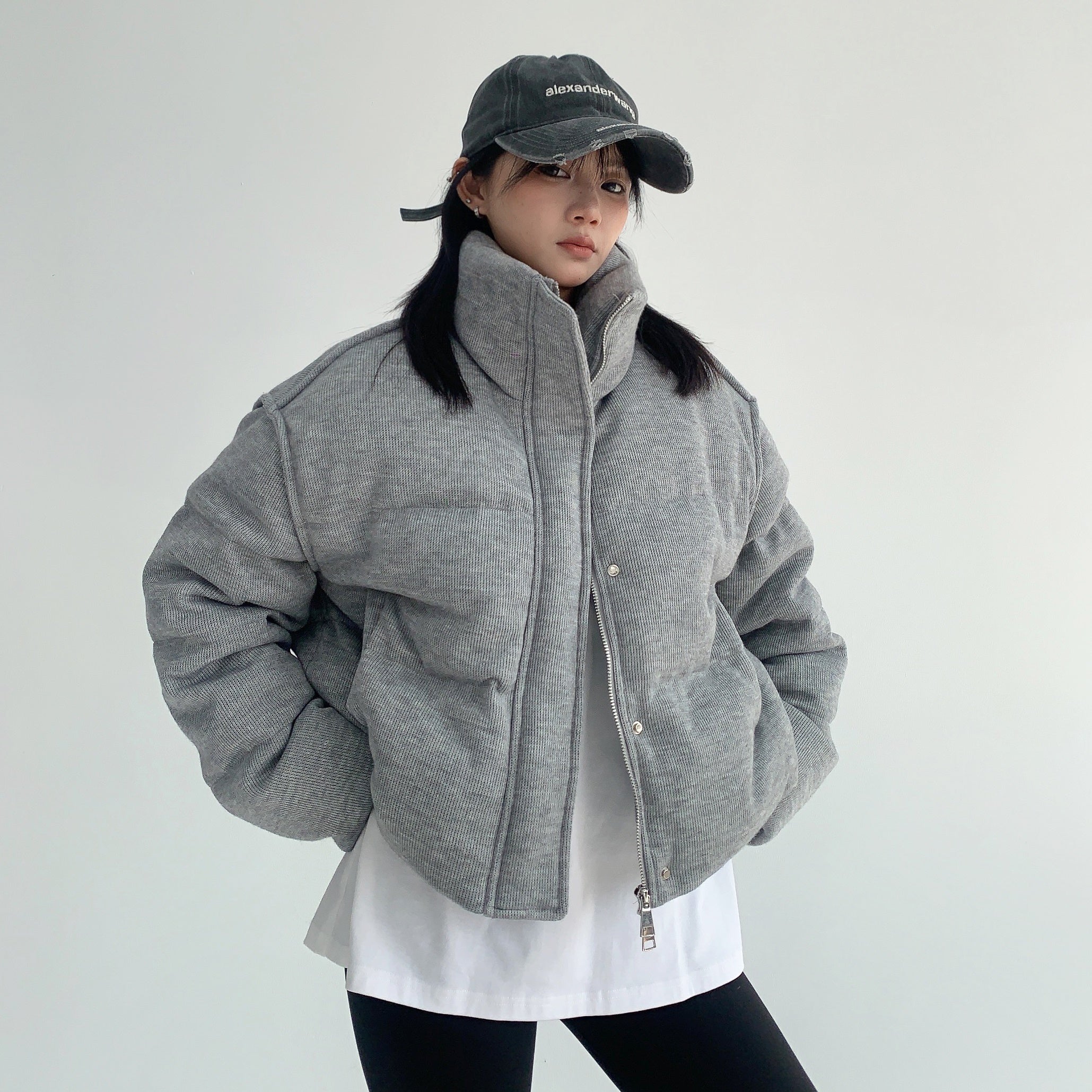 High-Neck Knit Texture Short Padded Jacket MW9590