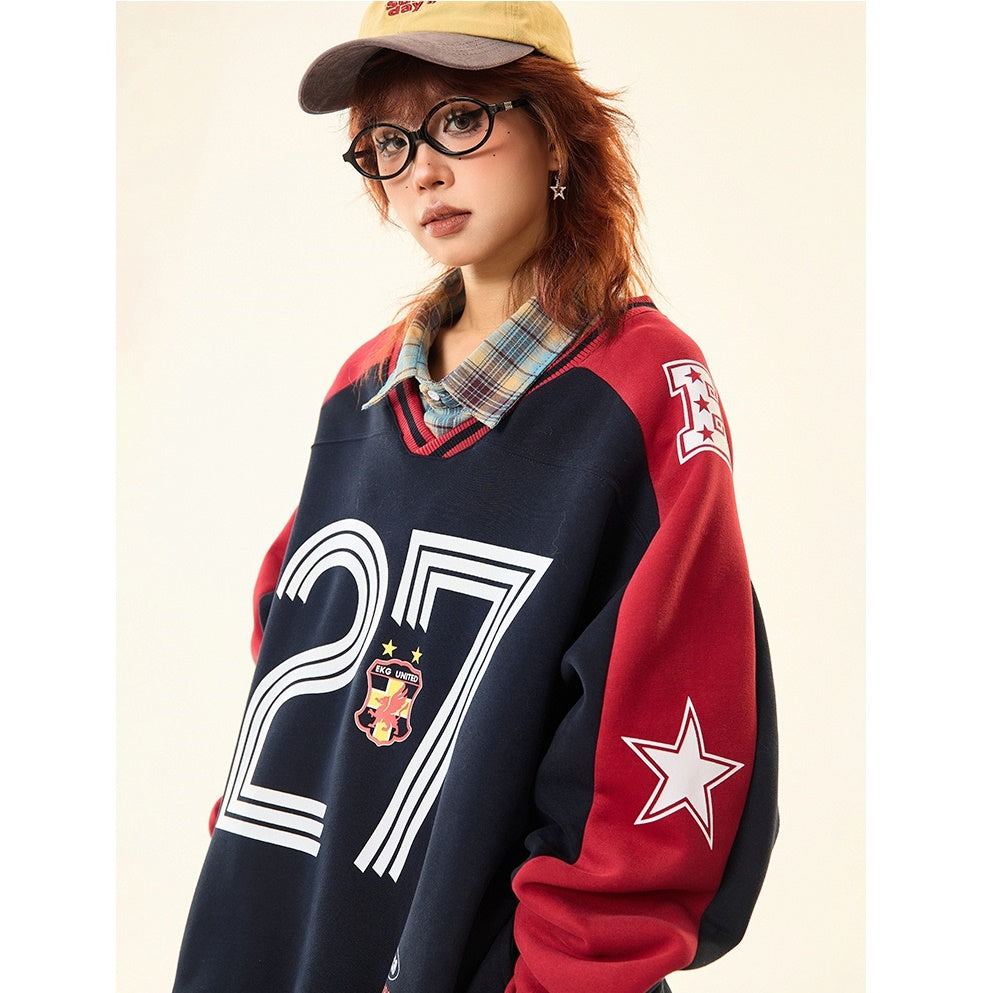 Letter Contrast V-neck Sports Sweat MW9425