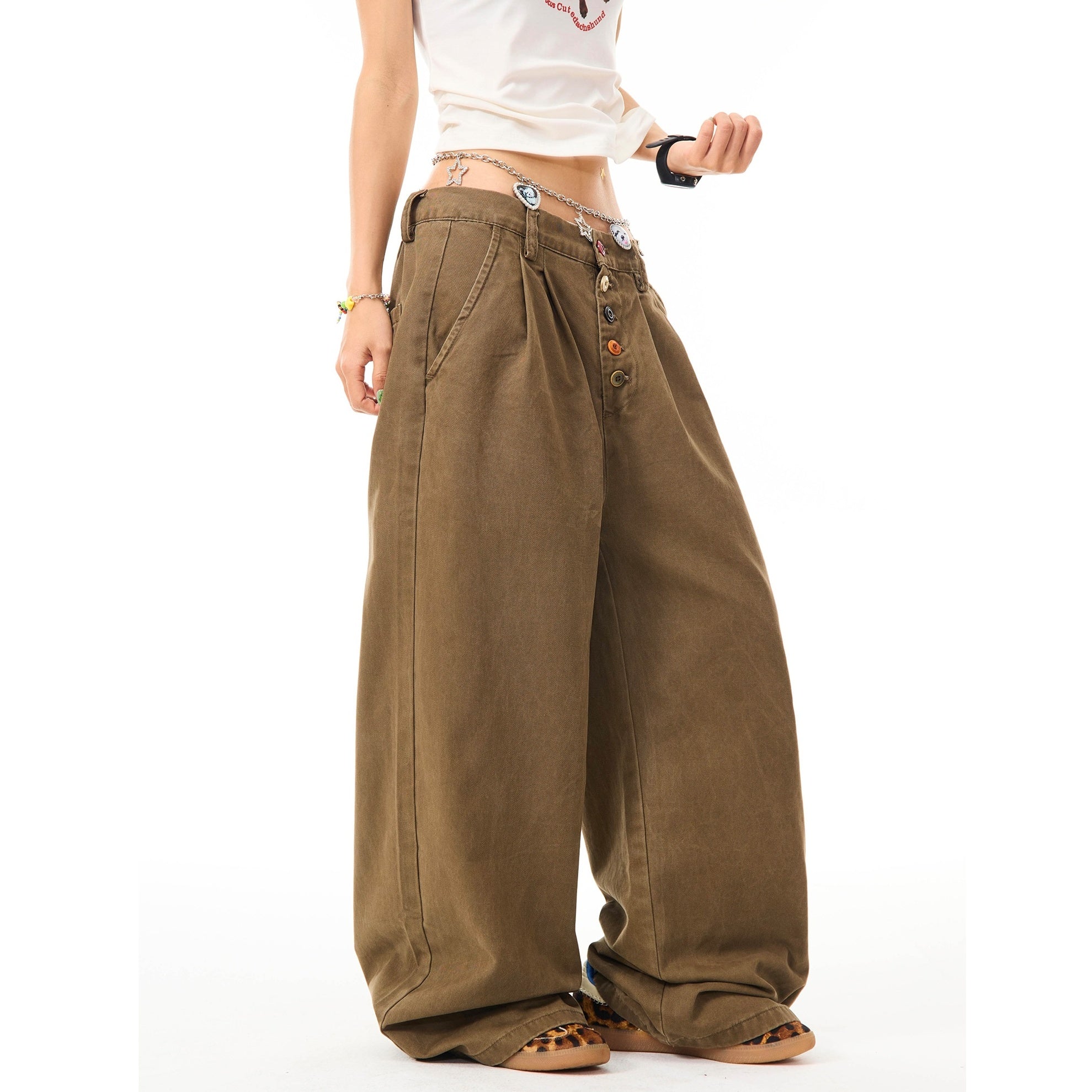 Color Button Wide Straight Pants MW10099