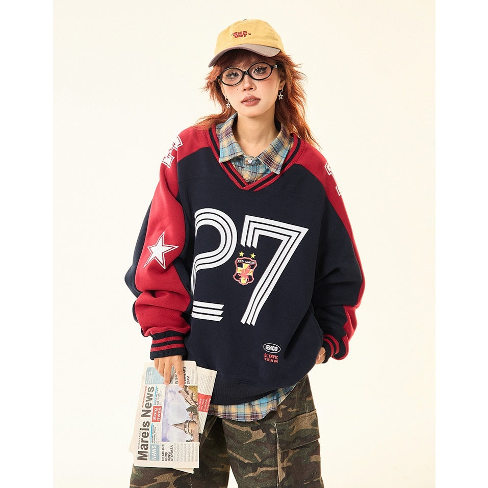 Letter Contrast V-neck Sports Sweat MW9425