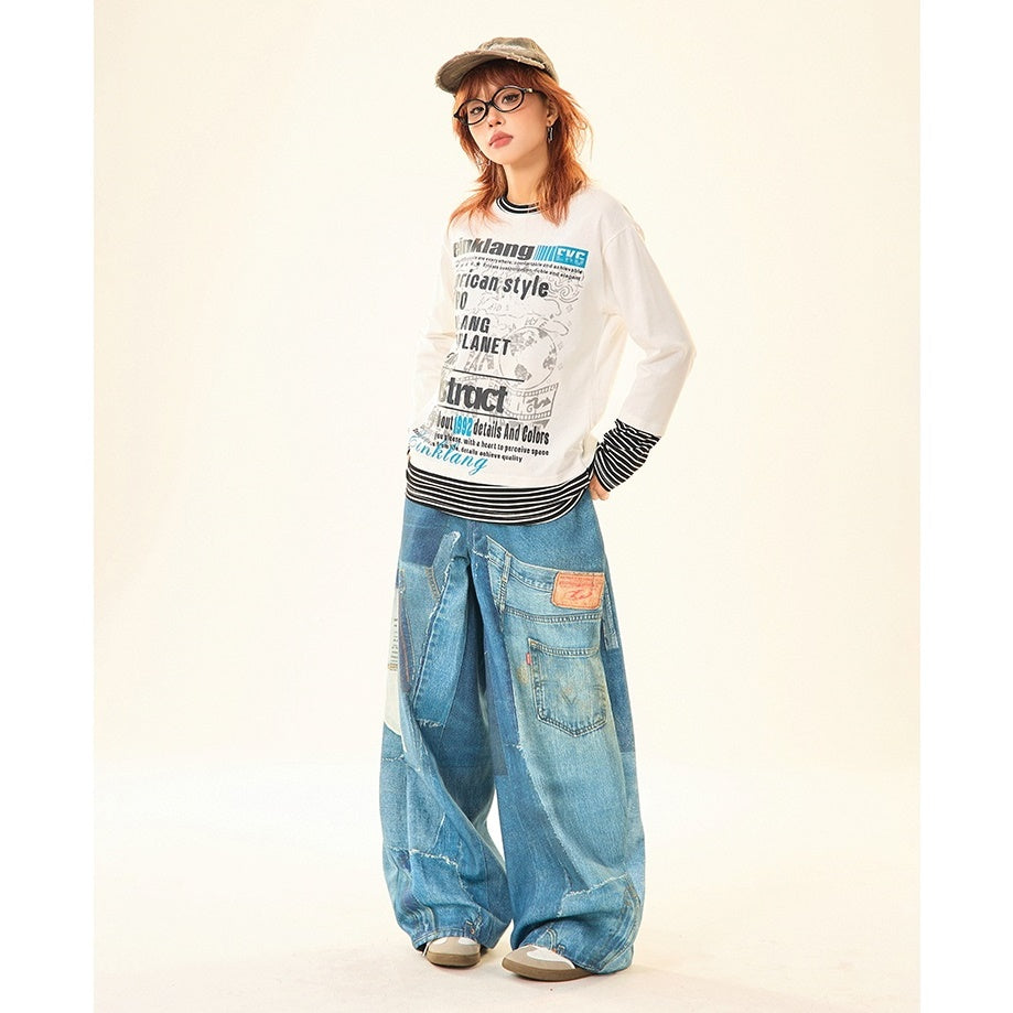 Patch Stitched Print Loose Straight Jeans MW9529