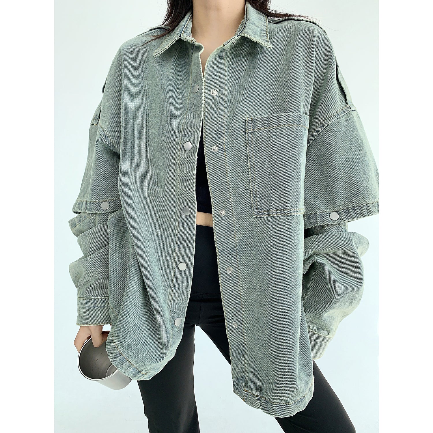 Sleeve Detachable Denim Shirt Jacket MW9566