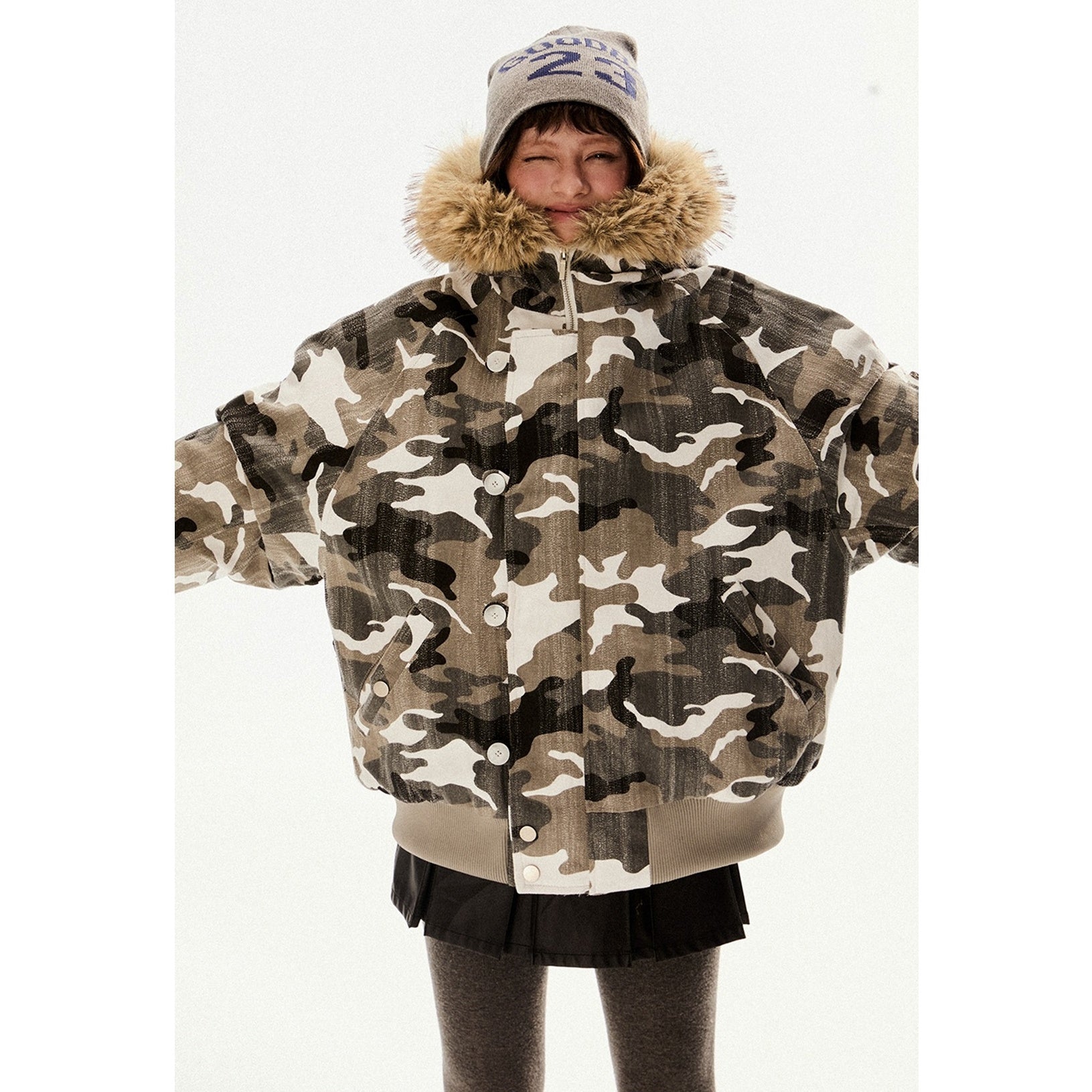 Fur Collar Hooded Camouflage Zipper Jacket EZ194