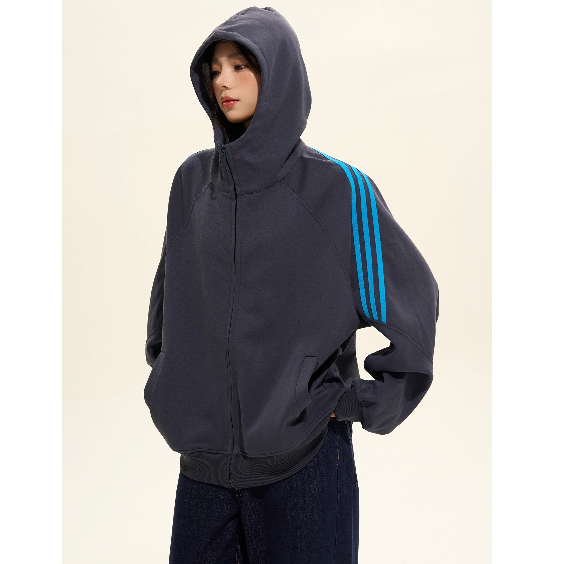 High-neck Striped ZIP-Up Hooded Parka MW9364