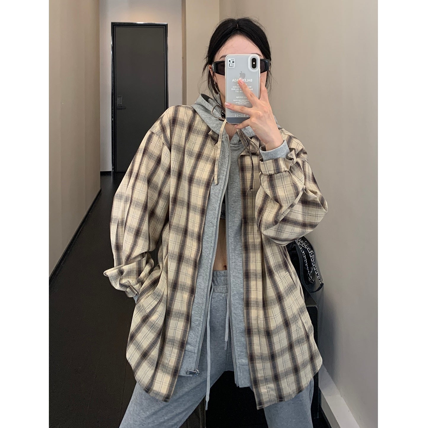 Plaid Fake Layered Sweat Hooded Shirts MW9305