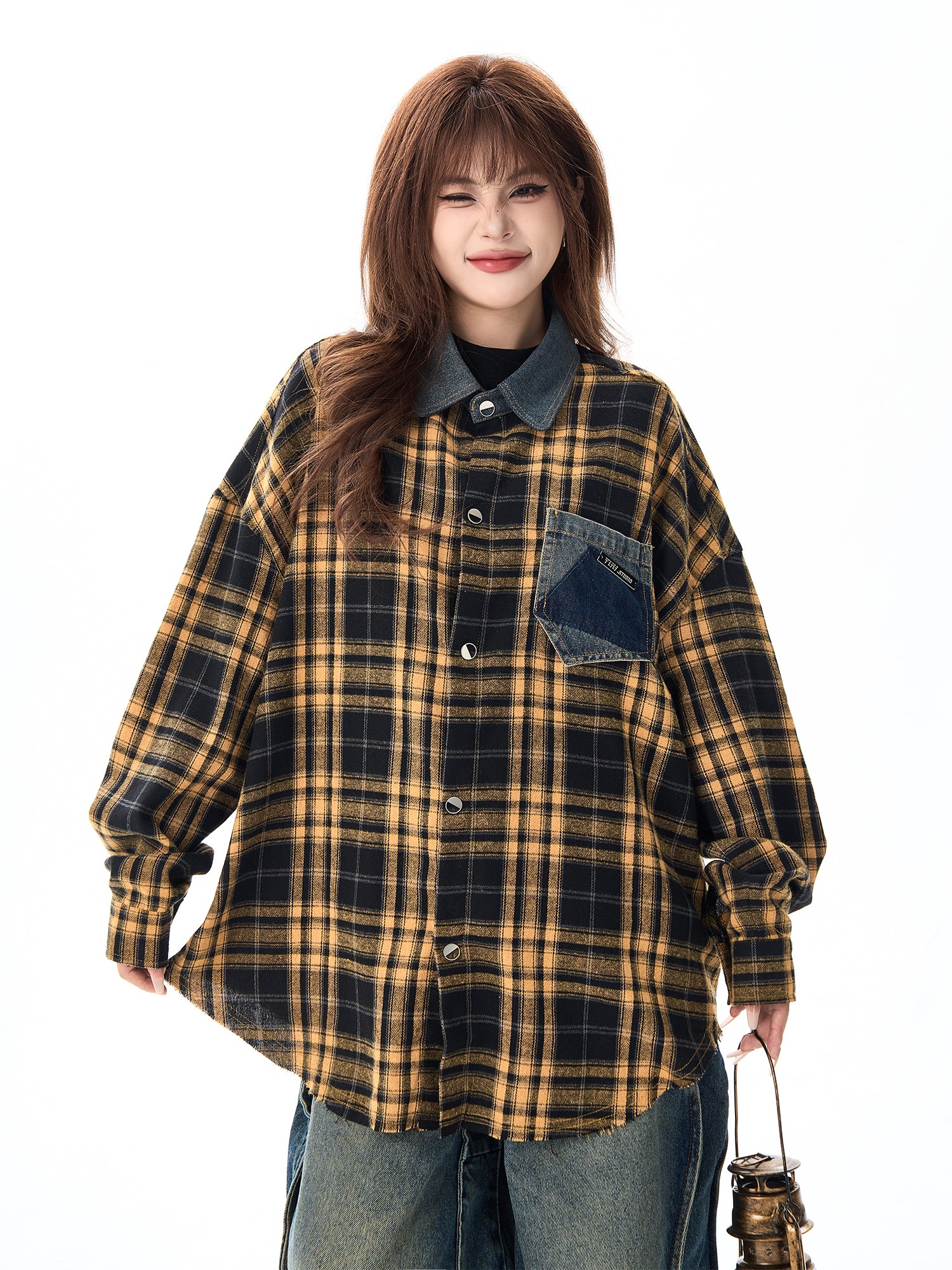 Plaid Denim Collar Loose Shirt MW9376