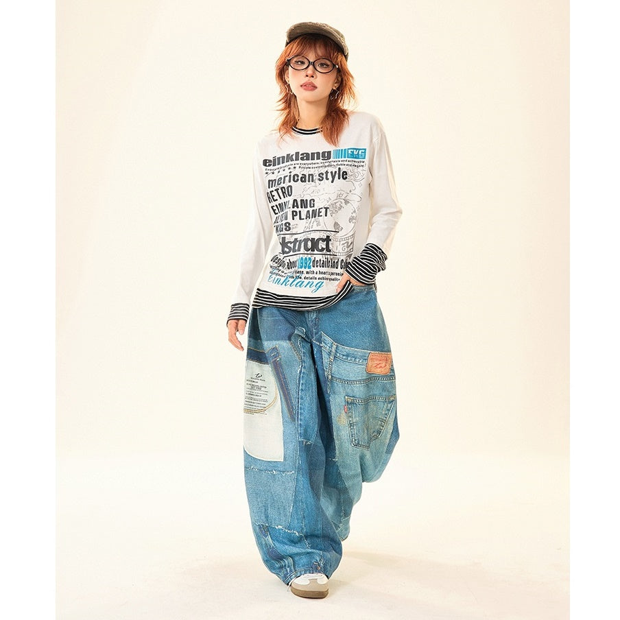 Patch Stitched Print Loose Straight Jeans MW9529