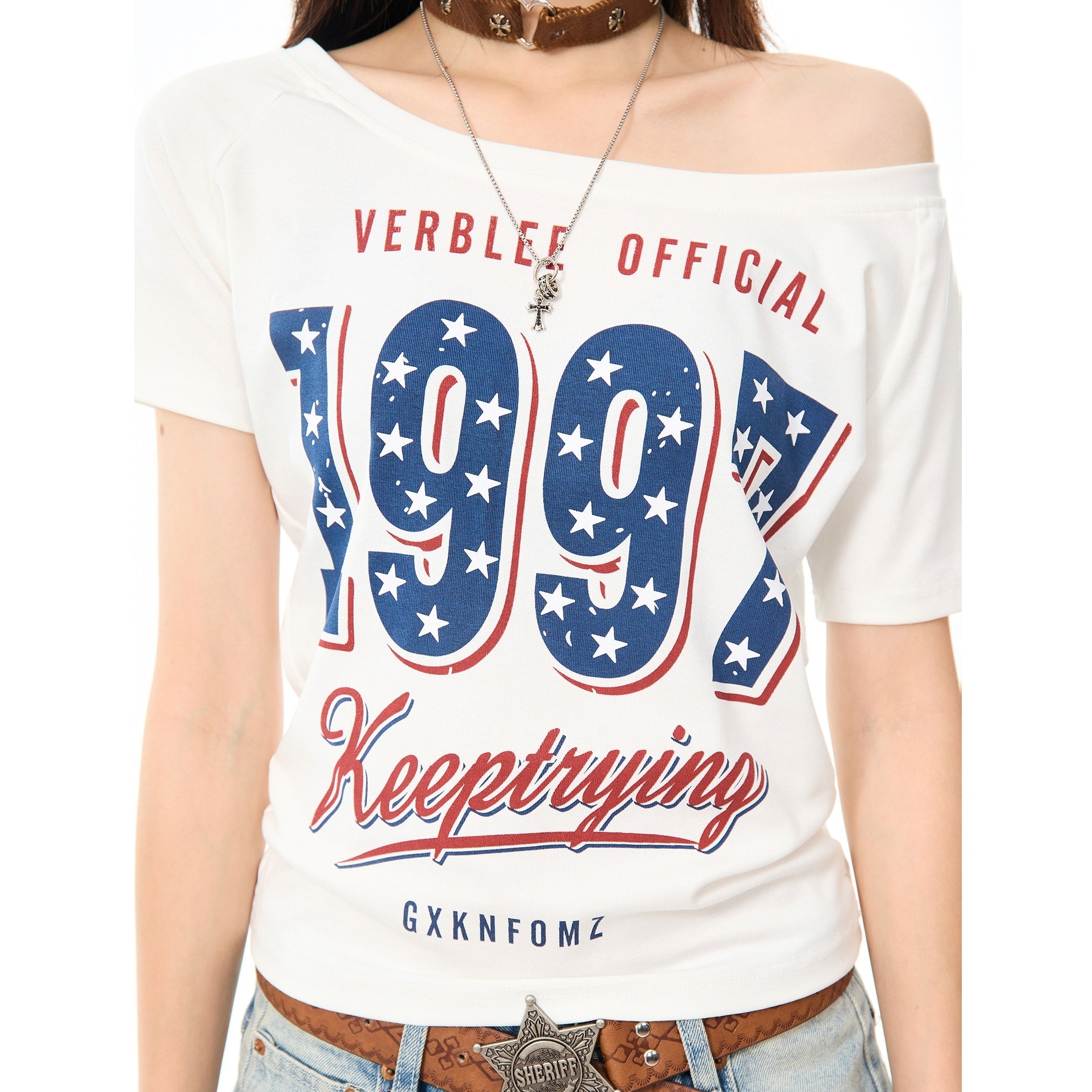 American Star Print Slanted Shoulder T-shirt MW10096