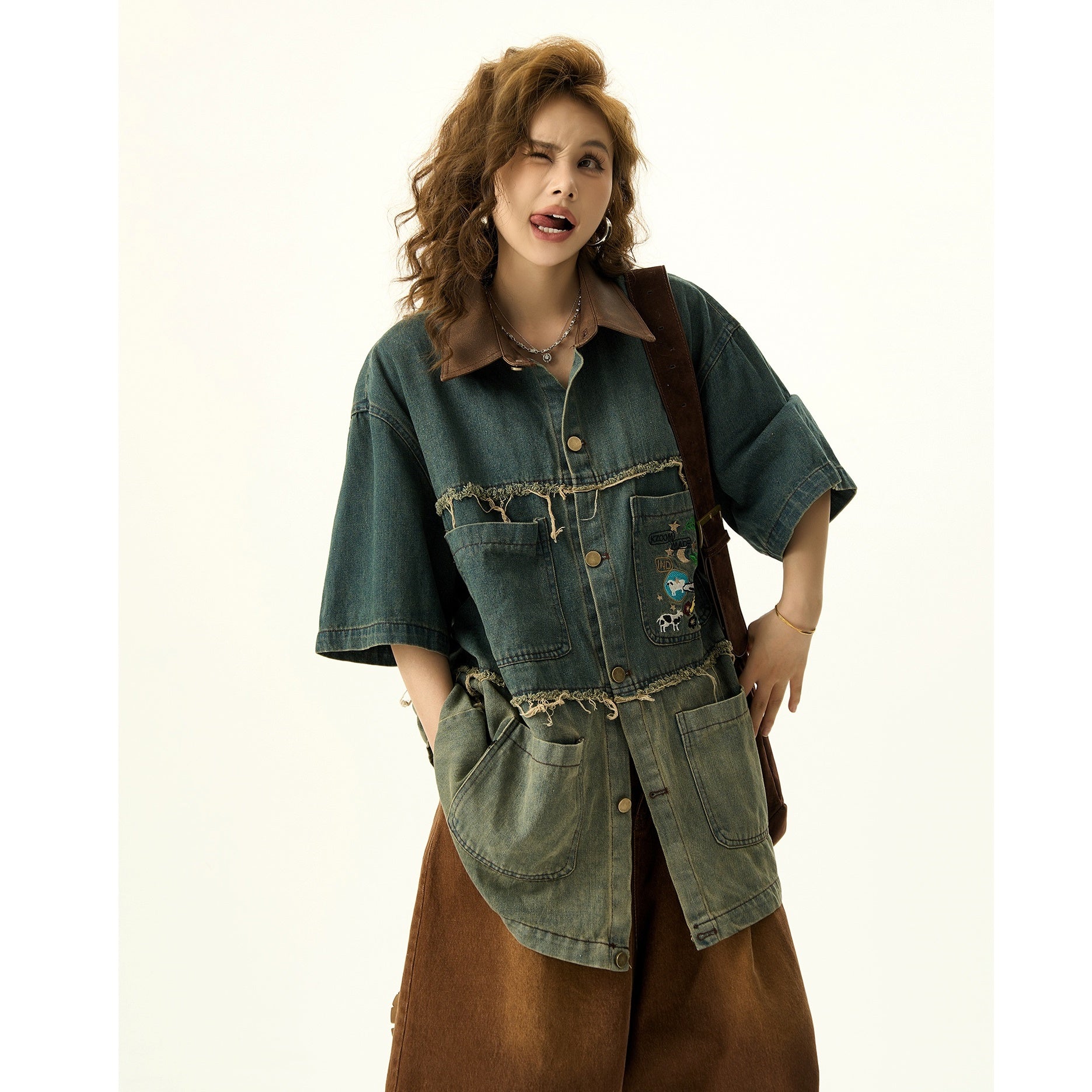 Wash Spliced Denim Short-sleeved Shirt Jacket HG7093