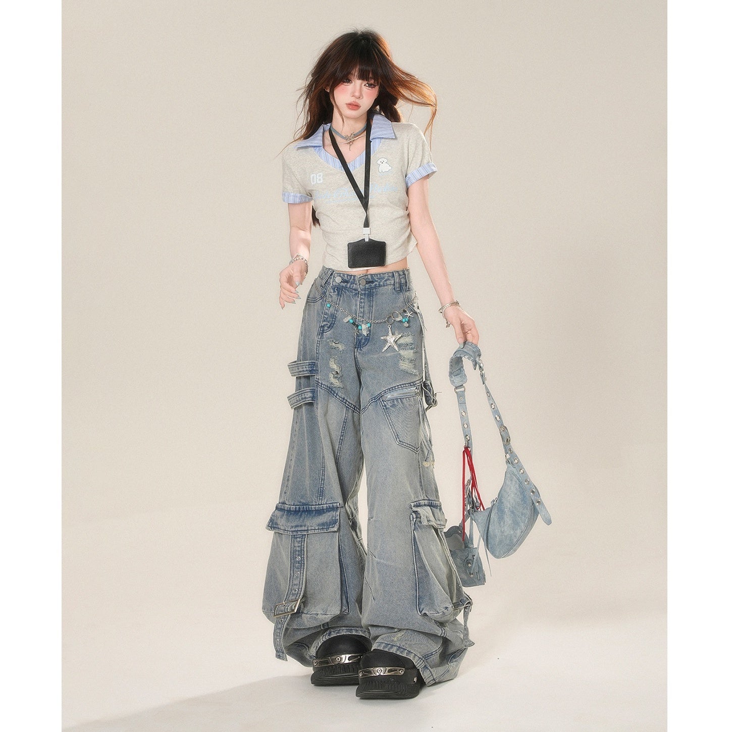 Ripped Wide Buggy Cargo Jeans KK2056