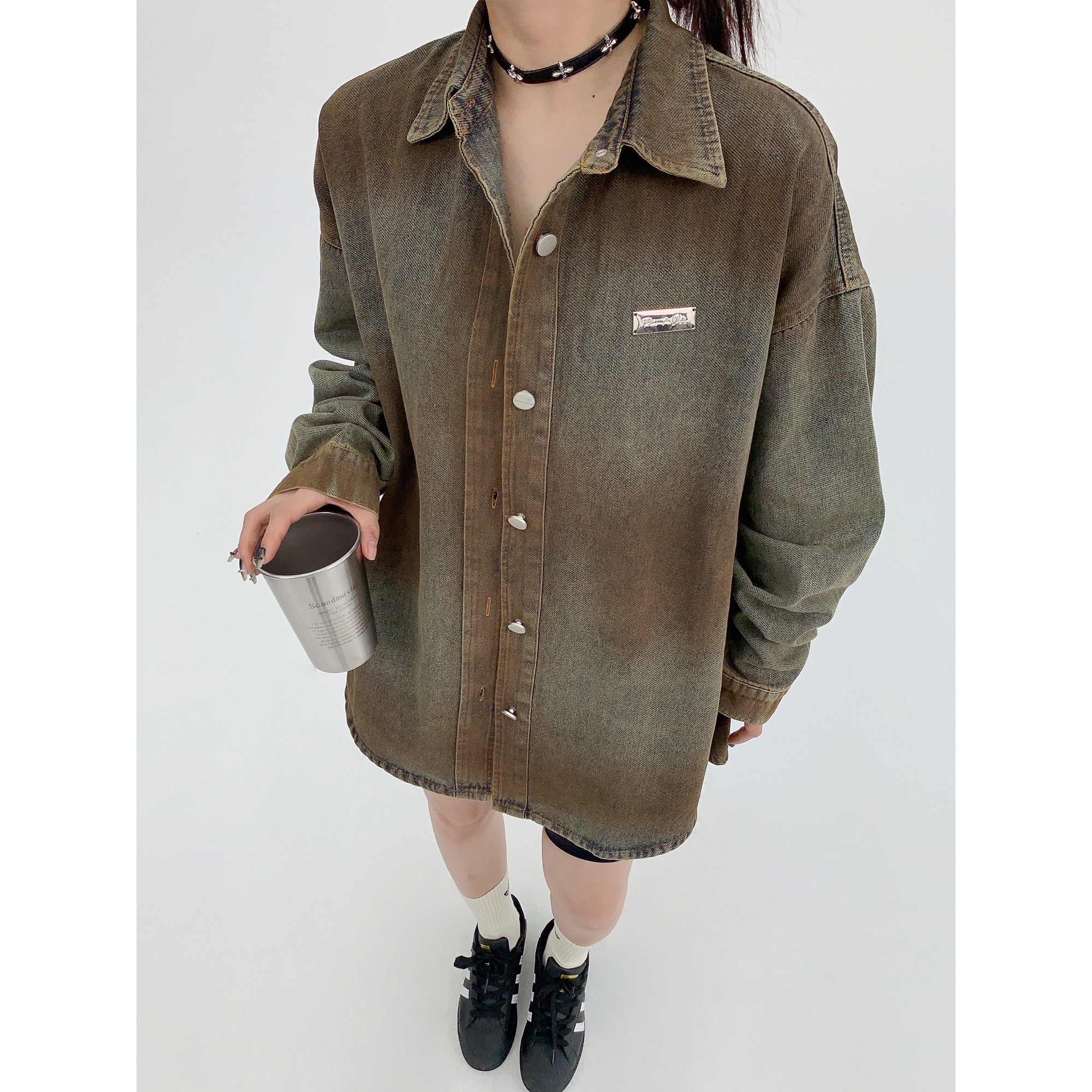 Distressed Rust Color Loose Denim Shirt MW9356