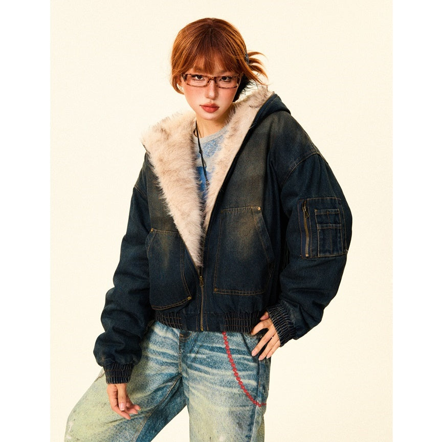 Fluffy Fur Denim Hooded Jacket MW9703