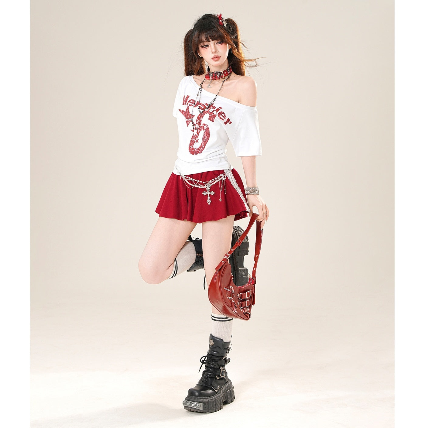 Slanted Shoulder Print T-shirt KK2039