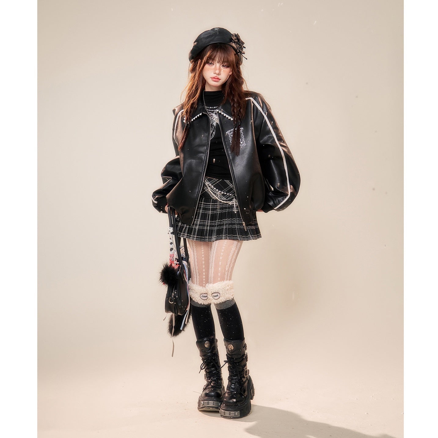 Lace Stitch Motorcycle PU Leather Jacket KK2008