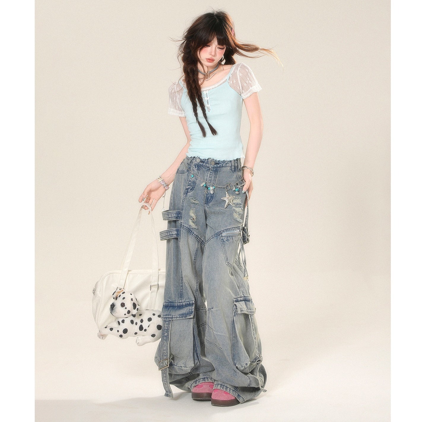 Ripped Wide Buggy Cargo Jeans KK2056
