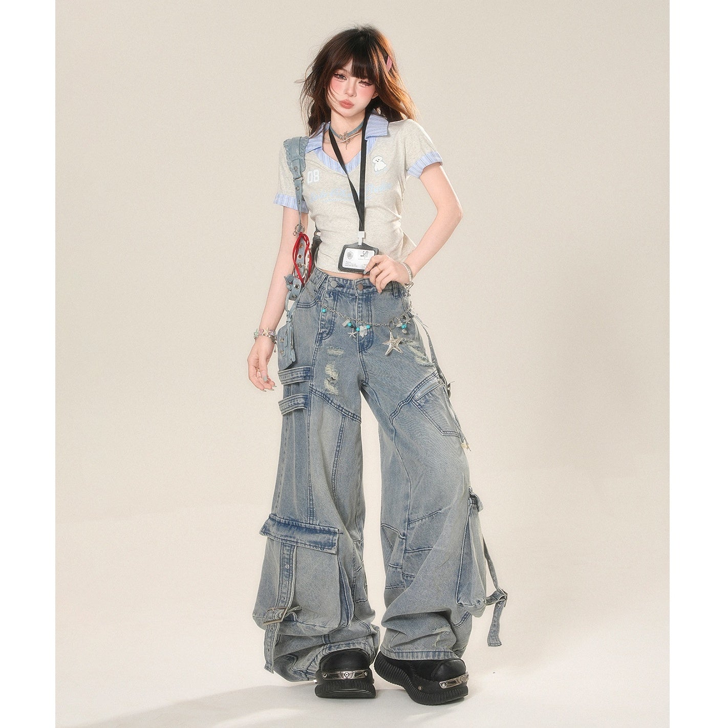 Ripped Wide Buggy Cargo Jeans KK2056