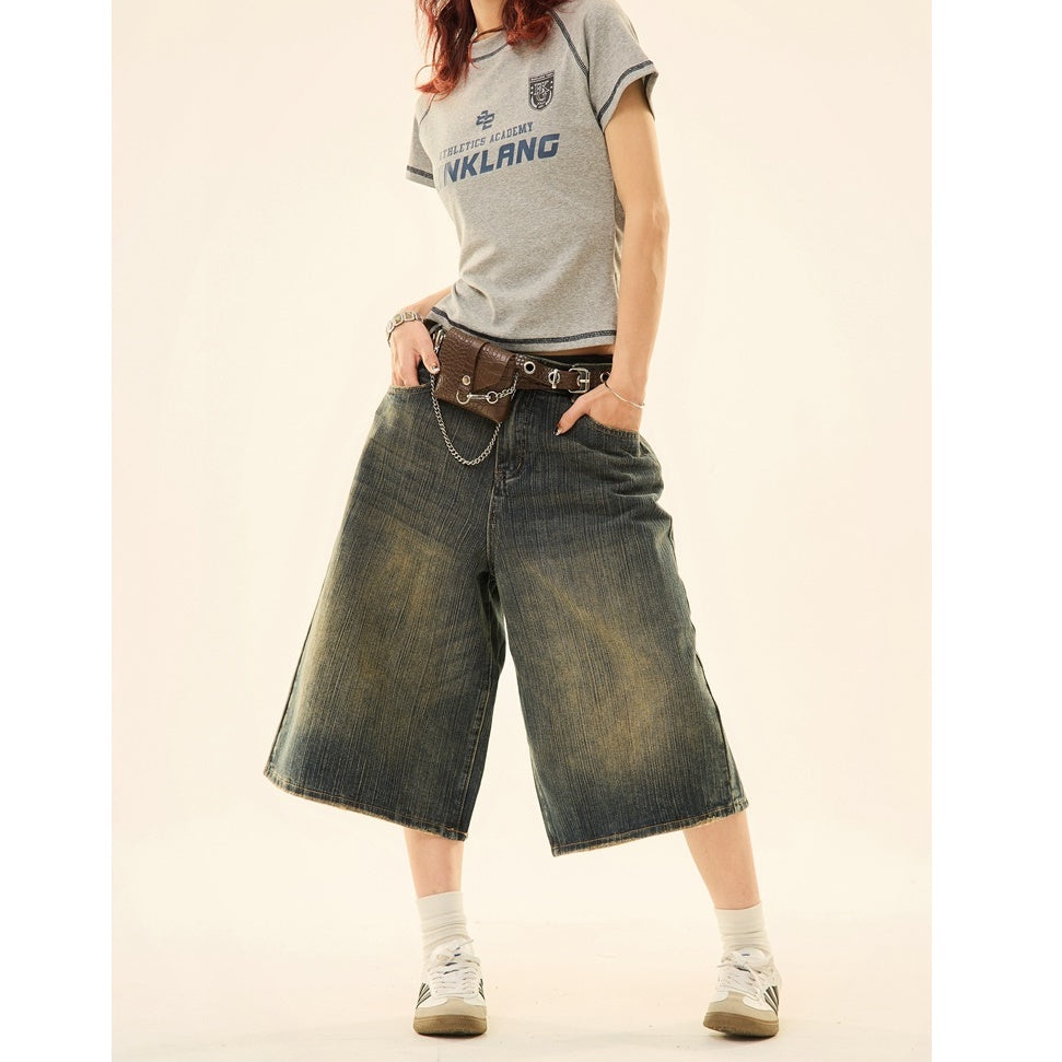 Vintage Wash Distressed Denim Wide-leg Cropped Pants MW9267