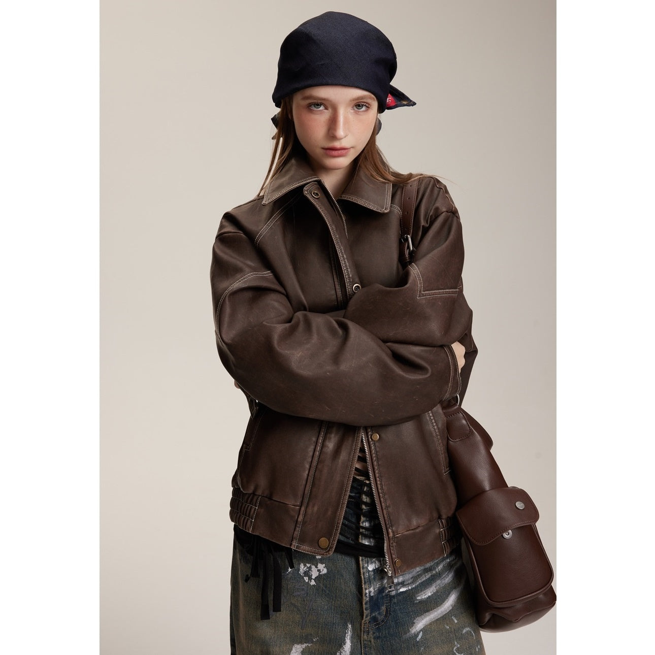 Loose Motorcycle Stitch PU Leather Jacket MW9579