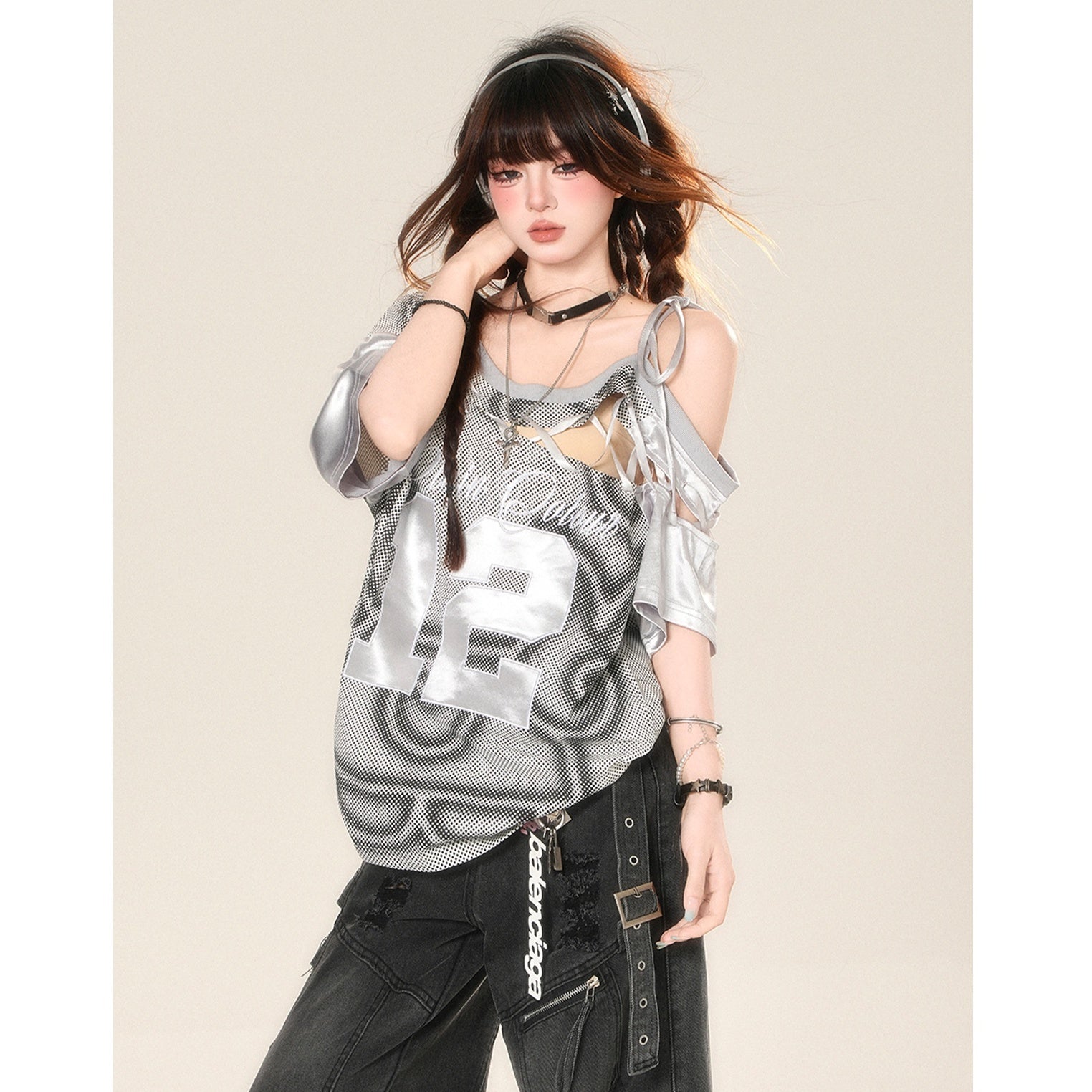Embroidery Cut-out Lace-up Loose T-Shirt KK2060